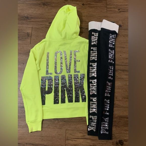 PINK VS NEON IRIDESCENT BLING HOODIE/ YOGA LEGGINGS PANTS OUTFIT M/S - Picture 1 of 11